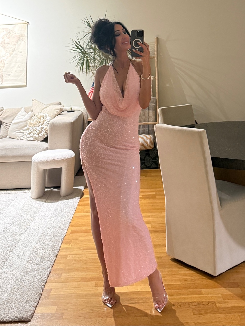 AKIRA Pink Sequin Cowl Neck Maxi Dress